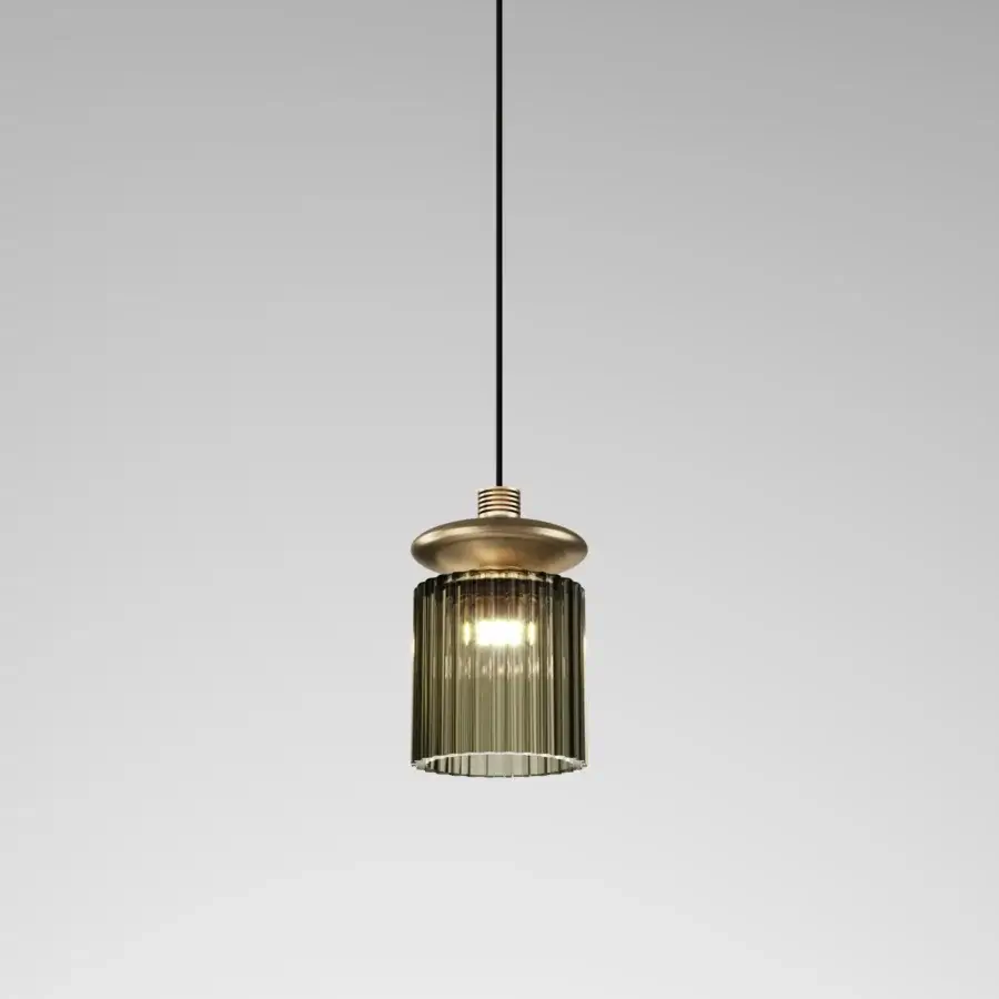 Exclusive Vistosi Tread suspension lamp crafted in muted olive green ribbed glass with a brass-toned metal heat sink