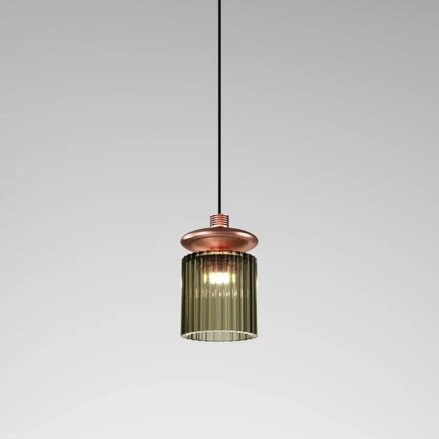 Avant-garde Vistosi Tread suspension lamp crafted in pale green ribbed glass with a textured spiraled copper-toned metal cap