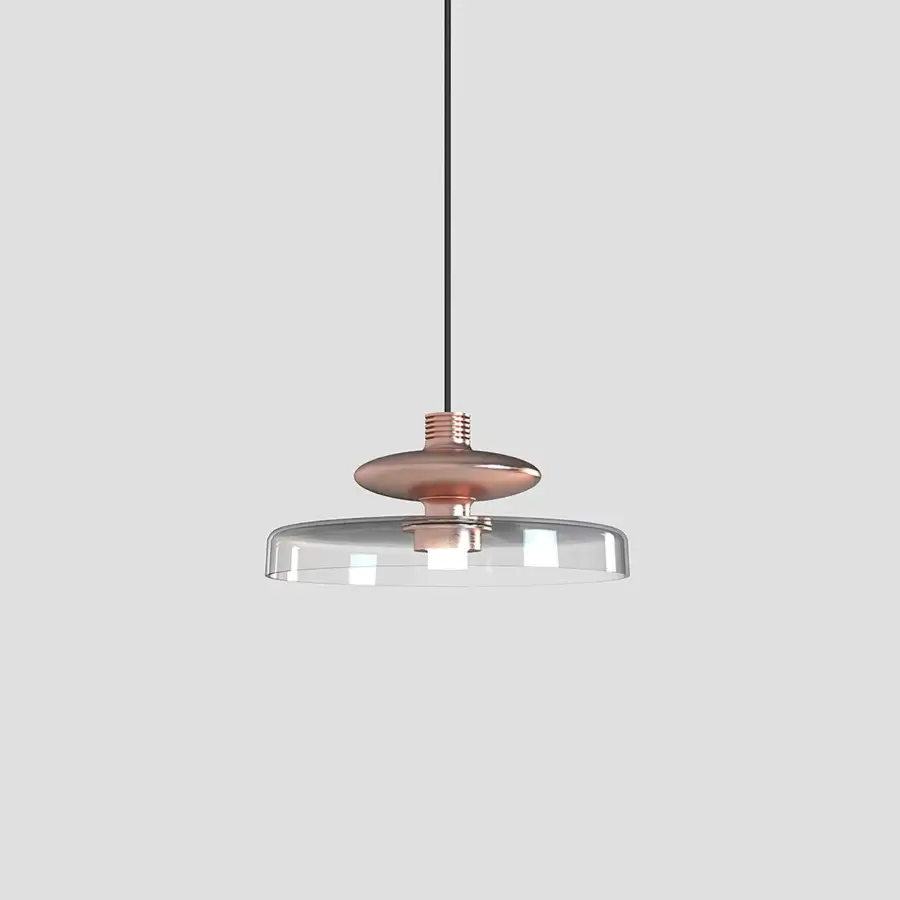 Avant-garde Vistosi Tread suspension lamp crafted in warm copper-toned metal with clear glass diffuser exhibiting rhythmic lateral grooves