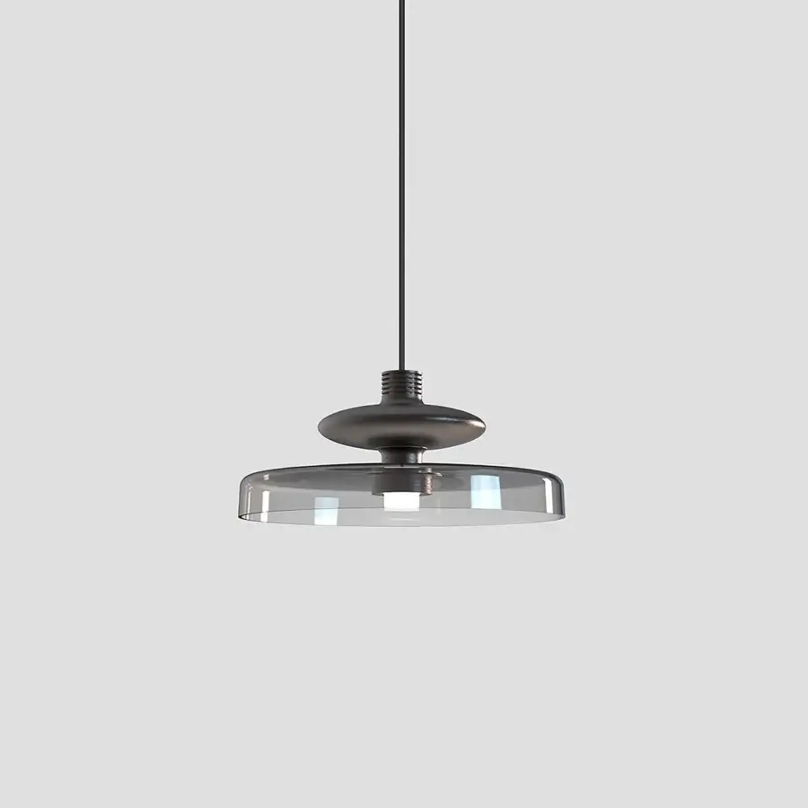 Distinguished Vistosi Tread suspension lamp crafted in clear glass with dark satin metal and rhythmic grooves