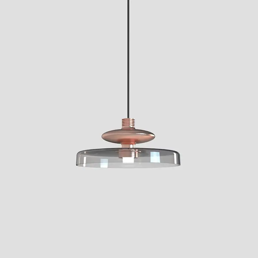 Exceptional Vistosi Tread suspension lamp crafted in clear glass with warm copper-toned metal and satin finish