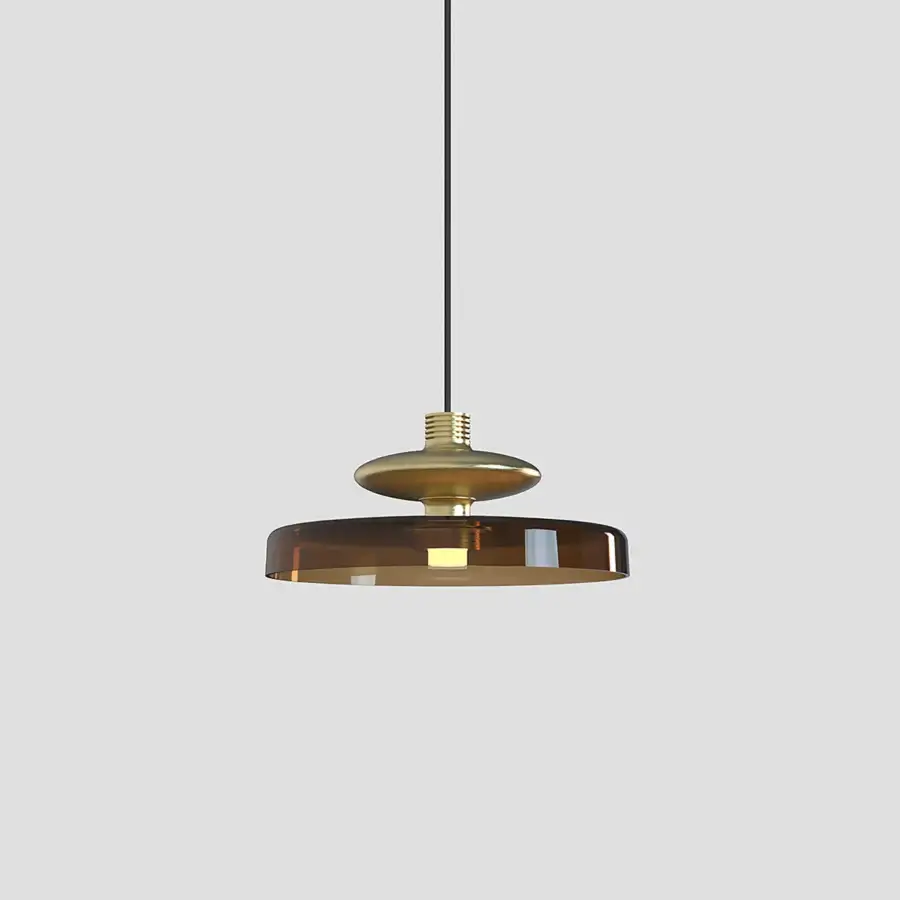 Distinguished Vistosi Tread suspension lamp crafted in warm amber glass with a glossy golden metal finish