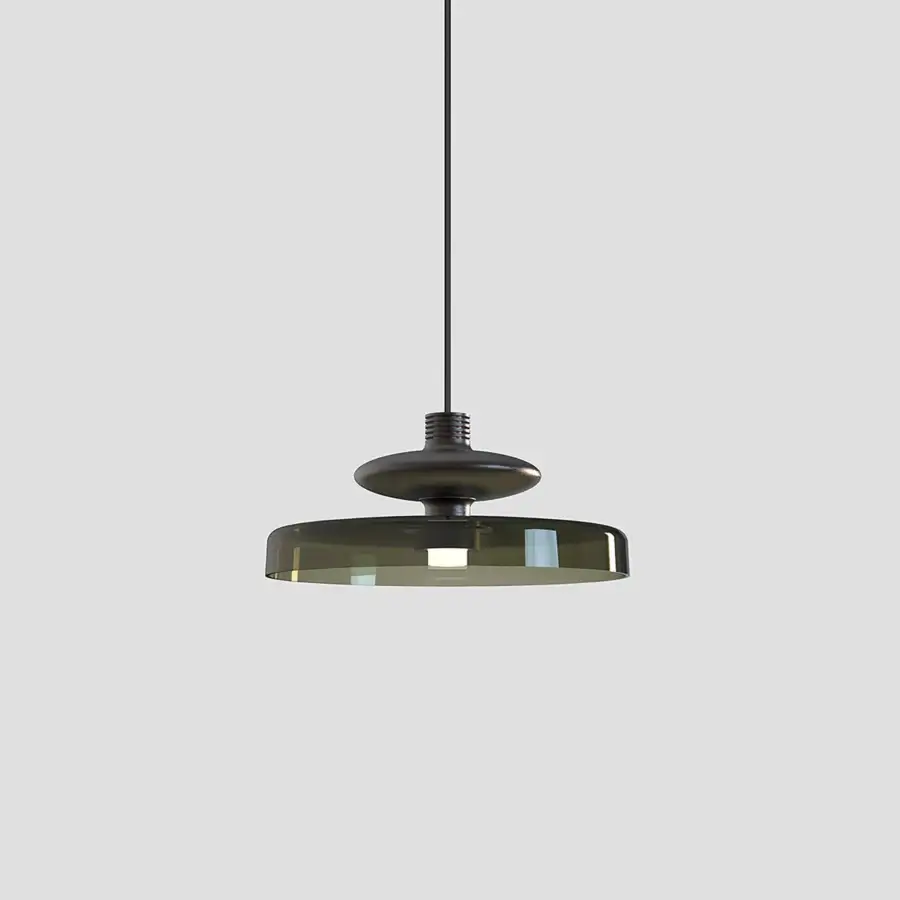 Elegant Vistosi Tread suspension lamp crafted in smoky grey glass with rhythmic grooves and a dark metal finish