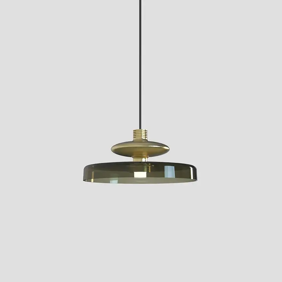 Avant-garde Vistosi Tread suspension lamp crafted in greenish-grey translucent glass with a warm gold-toned metal collar and polished finish