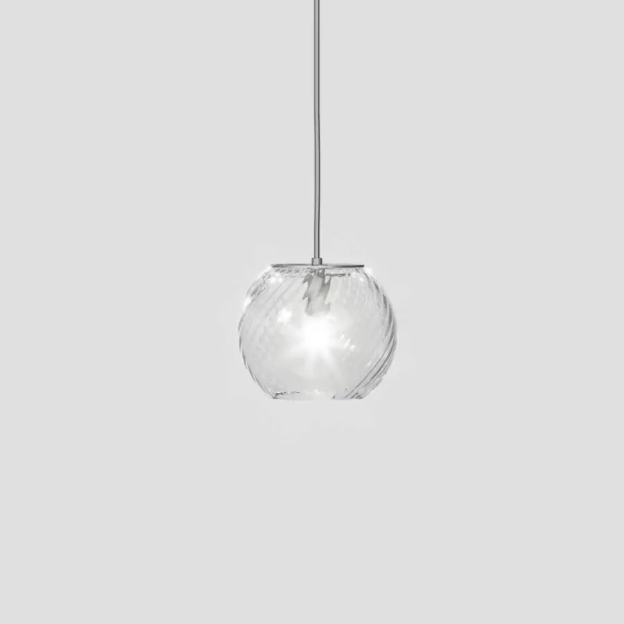 Distinguished Vistosi Oto suspension lamp crafted in clear textured blown glass with satin metallic components