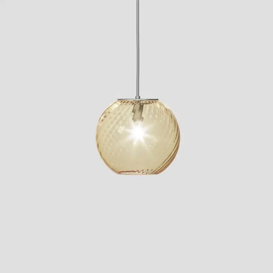 Elegant Vistosi Oto suspension lamp crafted in warm amber textured blown glass with a brushed metallic mount