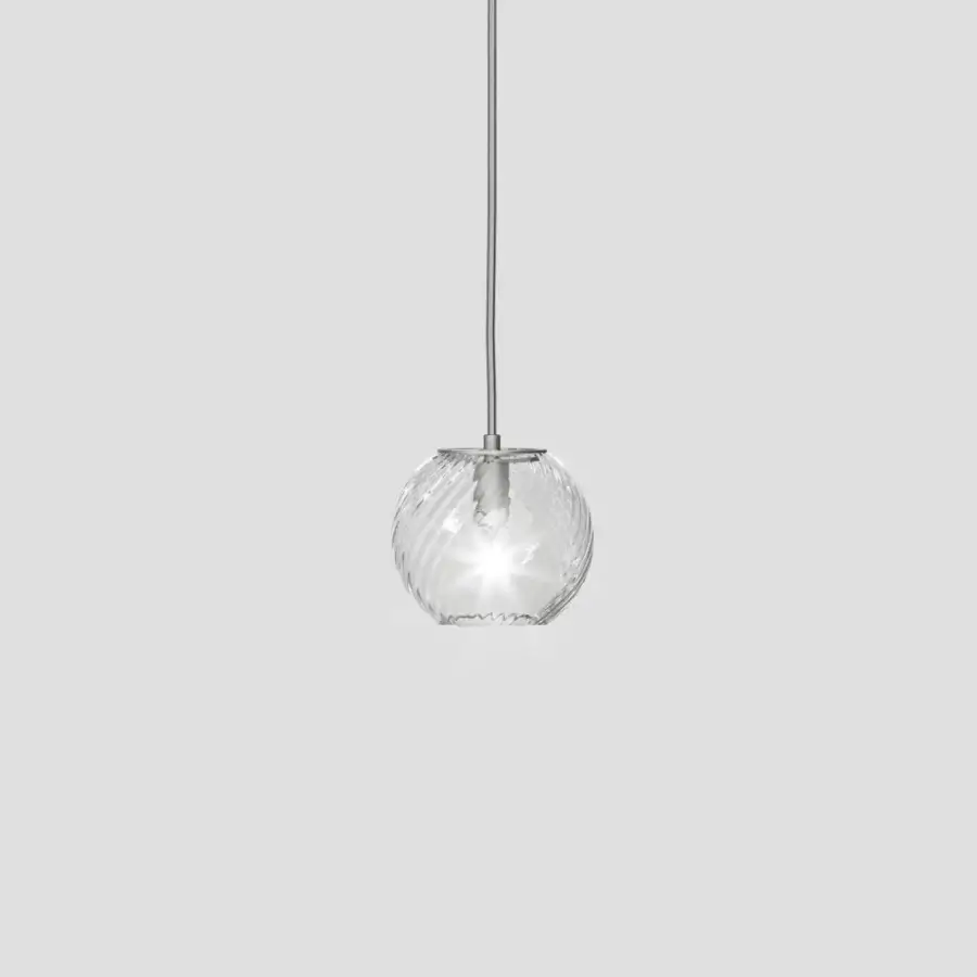 Elegant Vistosi Oto suspension lamp crafted in clear glass with a rigadin texture and glossy silver-toned highlights