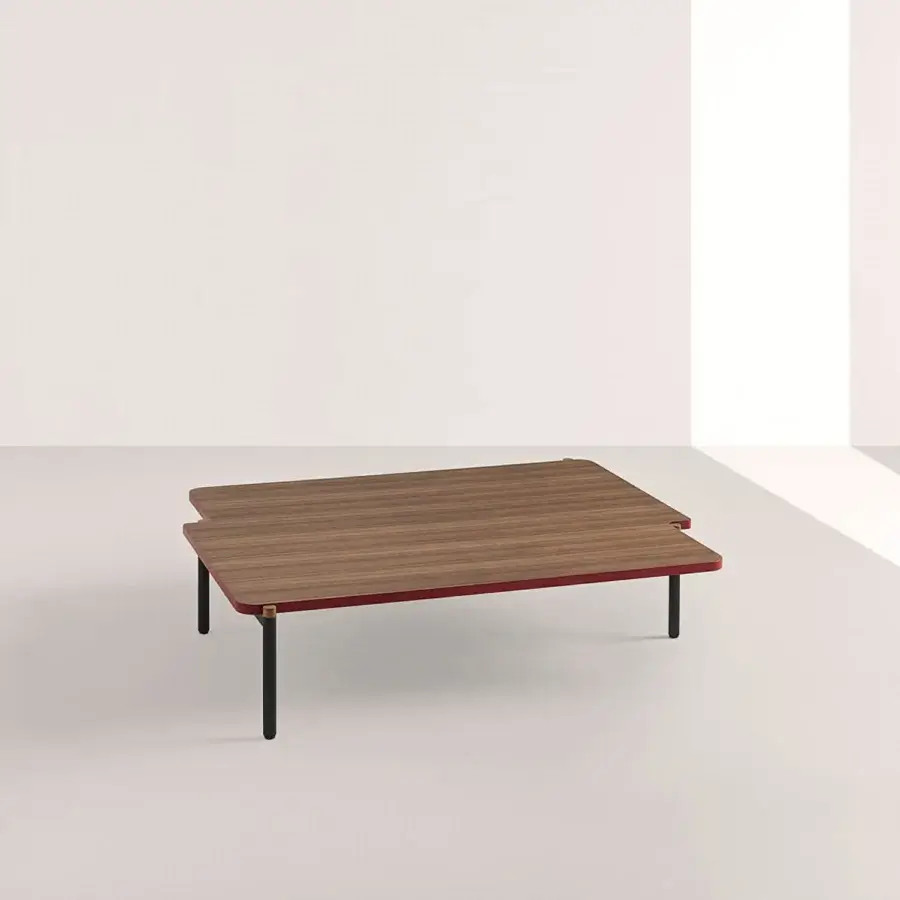 Exceptional Frag Arita coffee table crafted with wood and painted steel, showcasing a two-tone finish with burnished brass capped legs