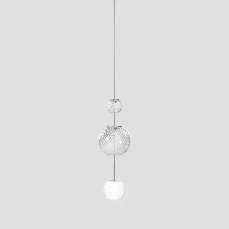 Distinguished Vistosi Oto suspension lamp crafted in opaque white, clear ribbed and clear glass with polished steel and rigadin finish