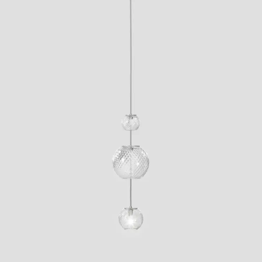 Exceptional Vistosi Oto suspension lamp crafted in clear Murano glass with rigadin texture and silver-toned metal cable