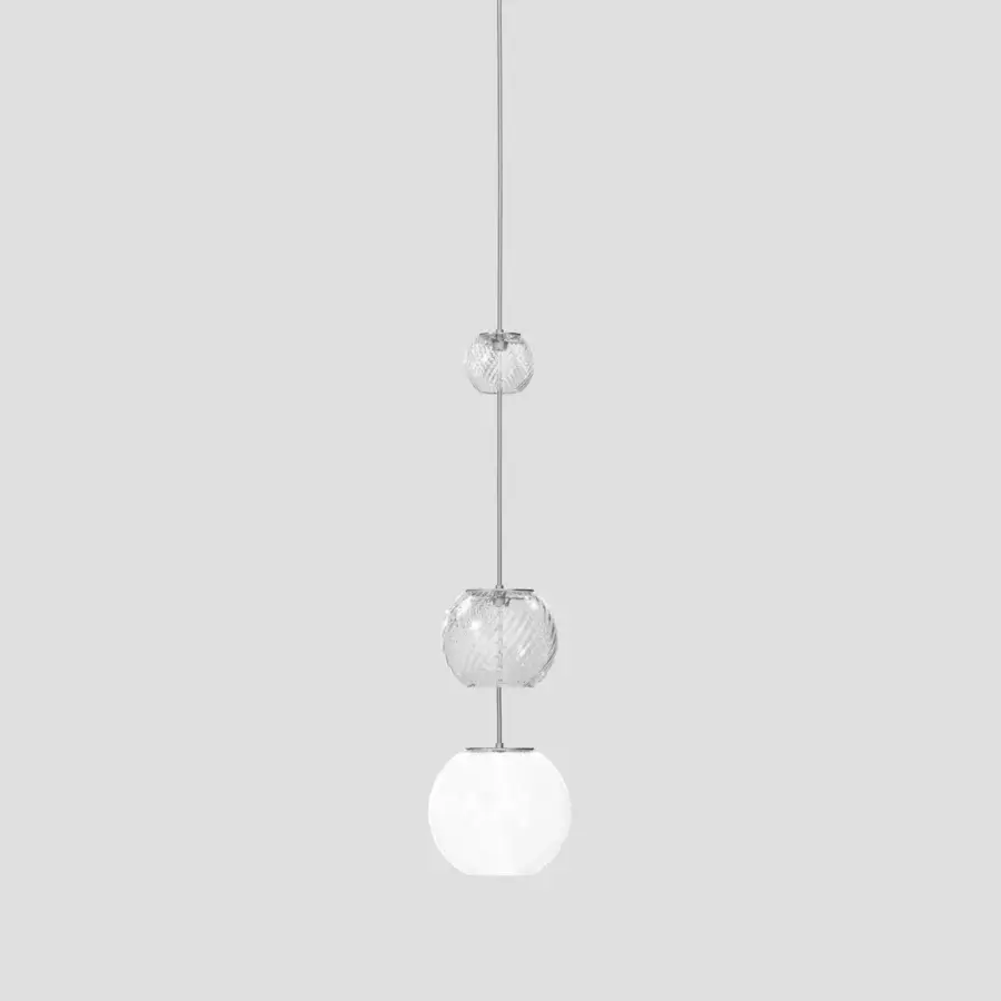 Distinguished Vistosi Oto suspension lamp crafted in clear Murano glass with rigadin texture and softly diffused white finish