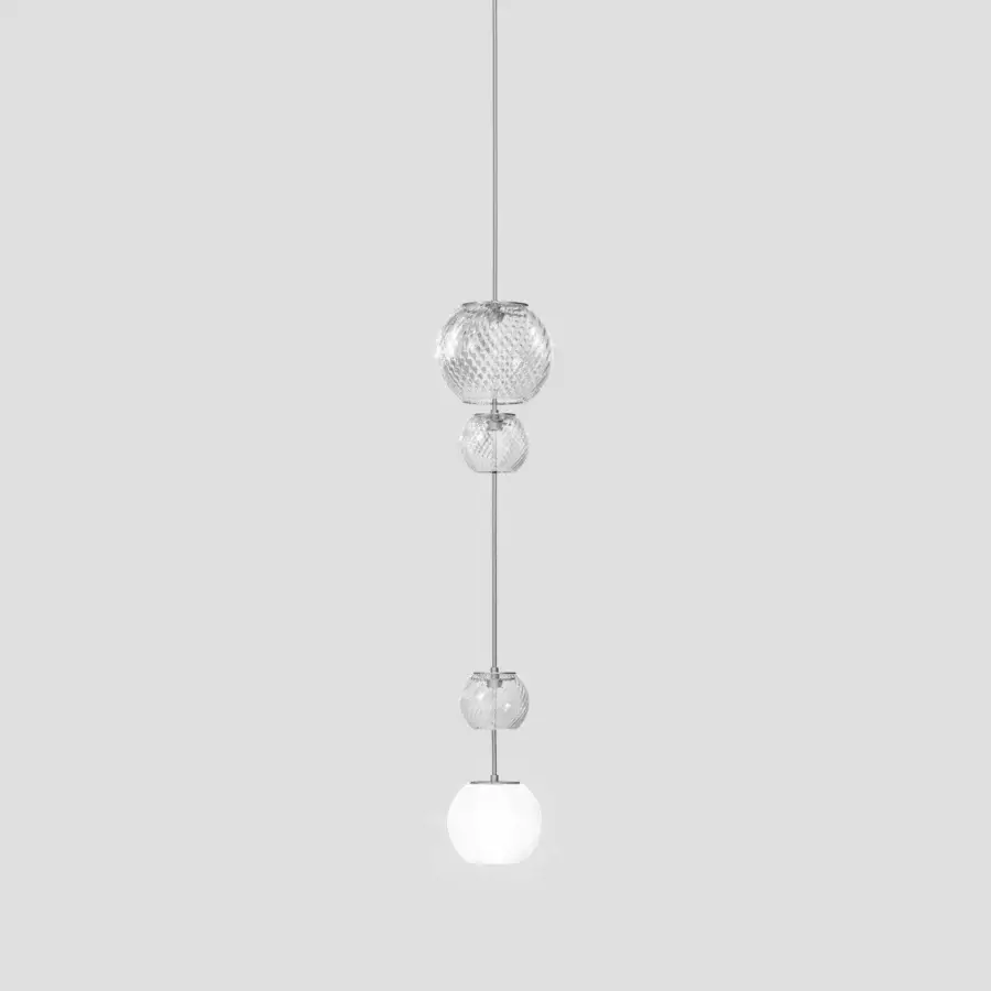 Distinguished Vistosi Oto suspension lamp crafted in clear Murano glass with rigadin texture and slender silver cable