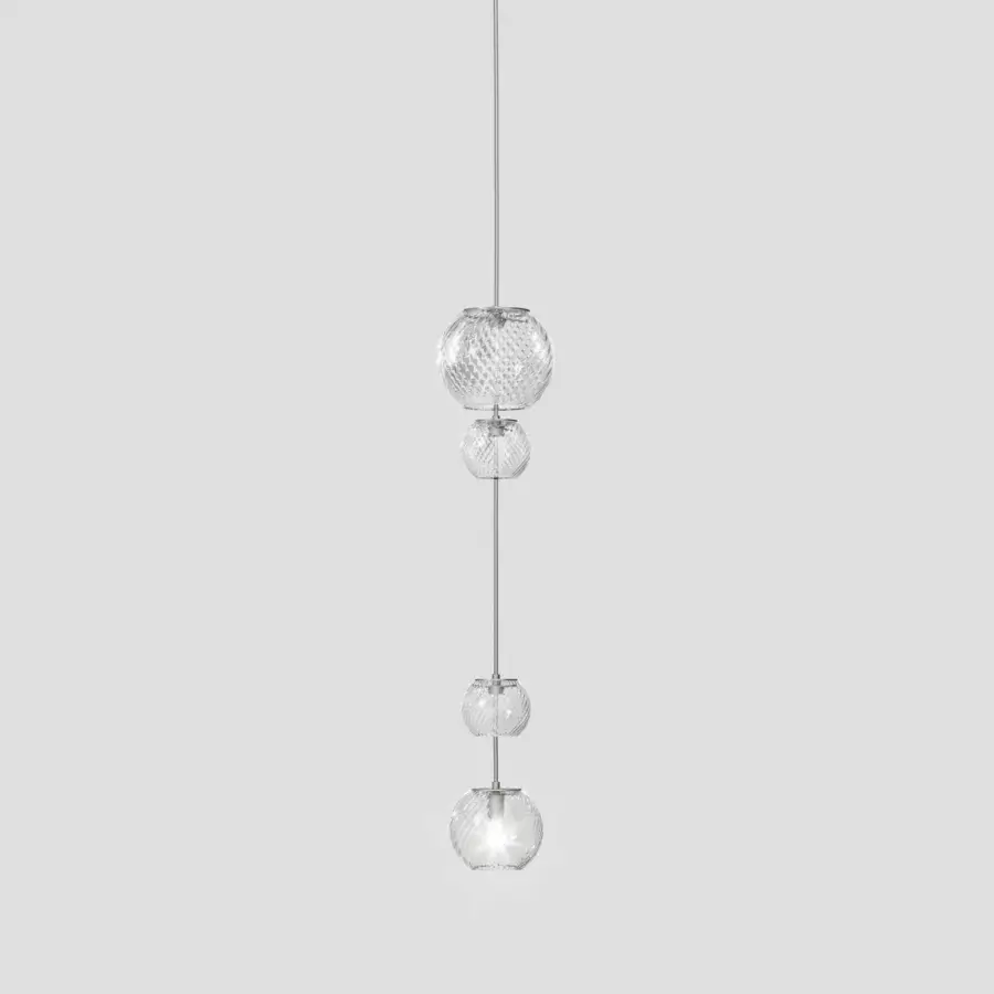 Exceptional Vistosi Oto suspension lamp crafted in clear Murano glass with a rigadin finish and silver metal connectors