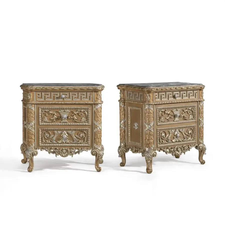 Distinguished Armando Rho A1279 nightstand crafted in natural oak with Grigio Bardiglio and Onyx Orange marble, enhanced with silver leaf accents