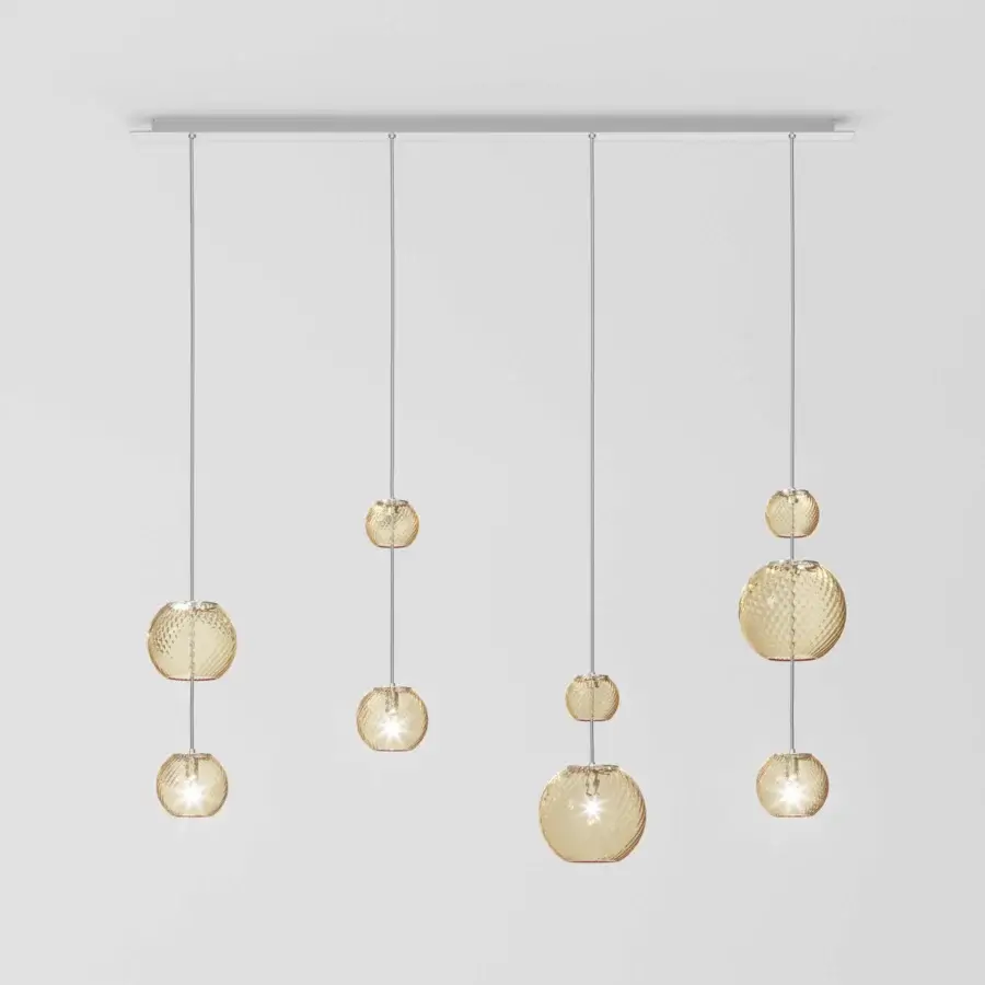Exceptional Vistosi Oto Linear Suspension Lamp handcrafted in neutral gray metal with warm amber hand-blown Murano glass spheres