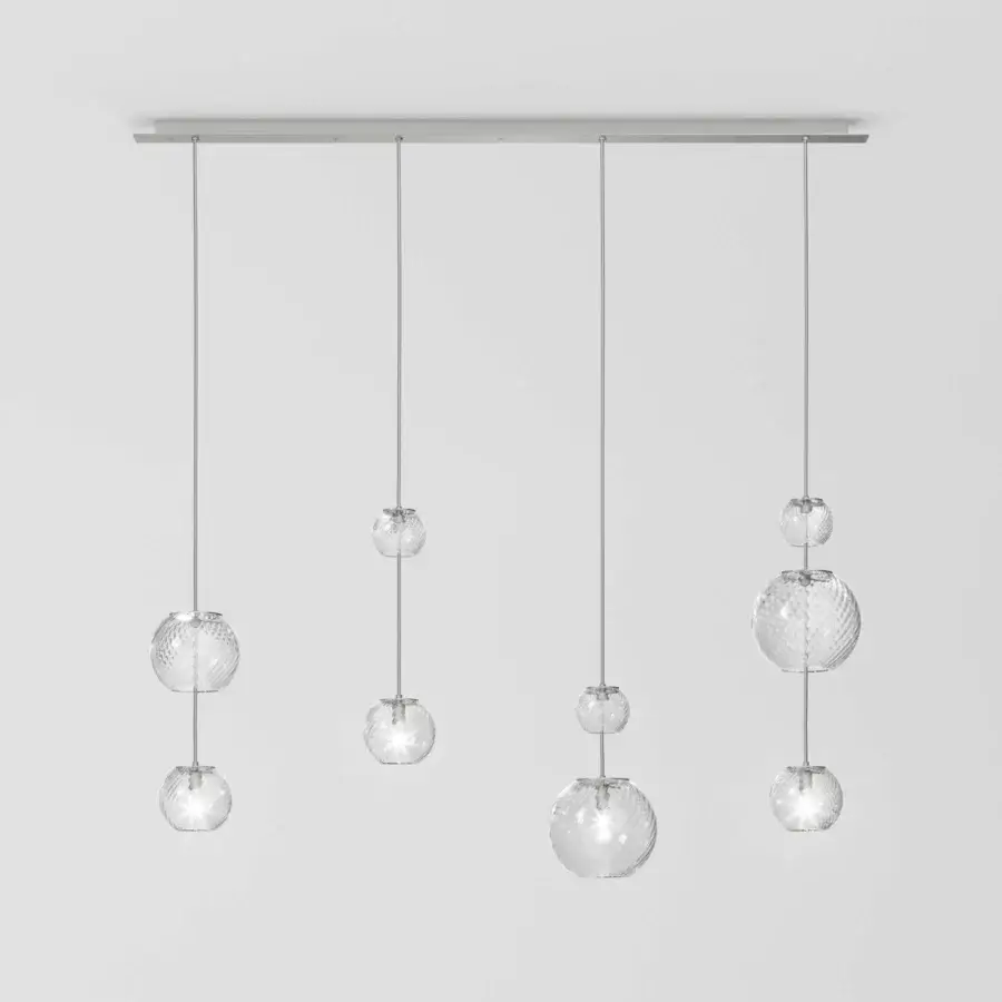 Superior Vistosi Oto Linear Suspension Lamp handcrafted in light-colored metal with transparent Murano glass and satin finish