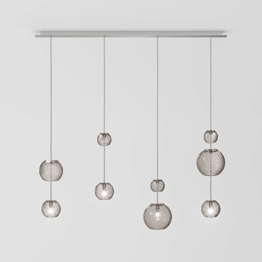 Elegant Vistosi Oto Linear Suspension Lamp crafted in smoky grey Murano glass with satin-finish metal canopy