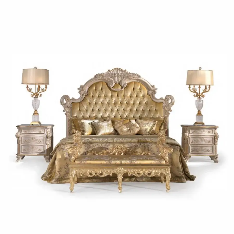 Lavish Armando Rho A1334 bench embodies French Louis XVI elegance with sculpted wood and radiant gold leaf finish