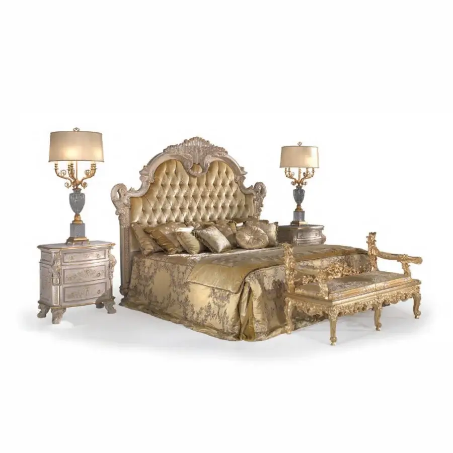 Superior Armando Rho A1334 bench embodies French Louis XVI elegance with sculpted wood and radiant gold leaf finish