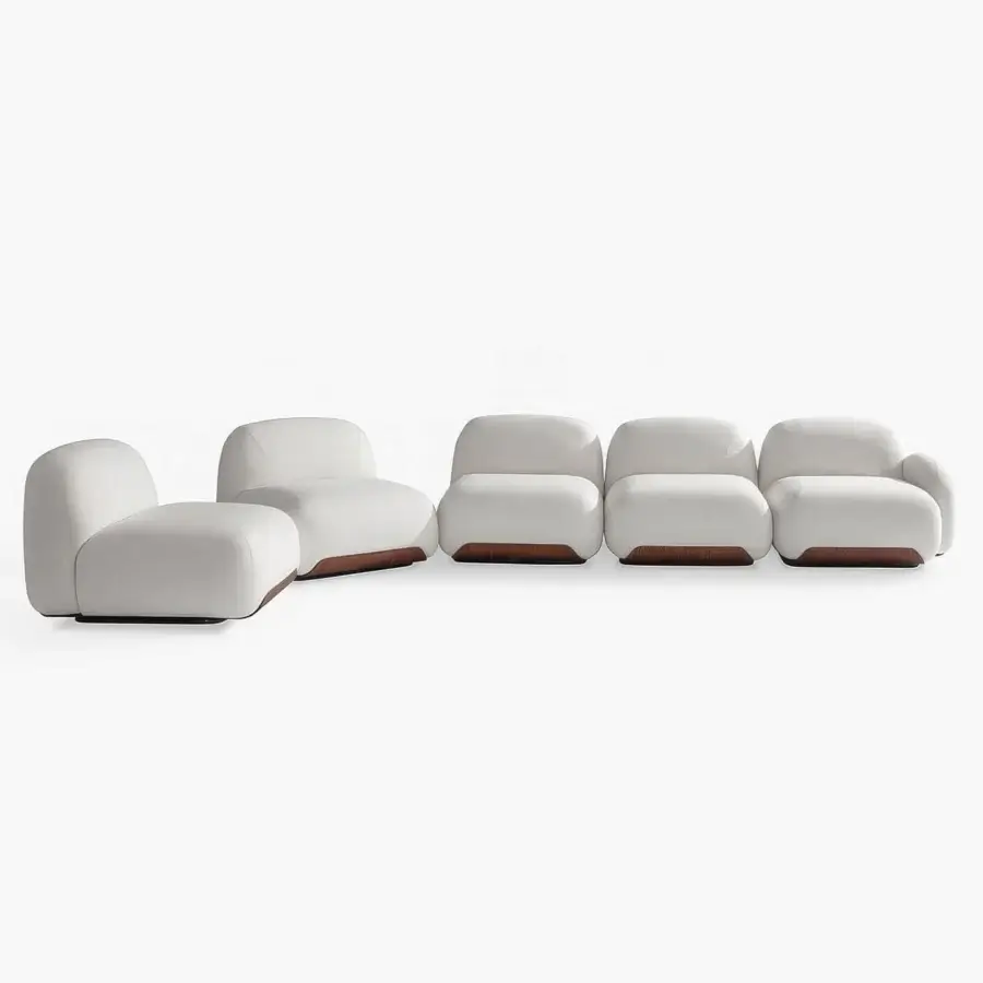 Distinguished Carpanese Home Bubble Sectional sofa crafted in light textile with curved wood base for flexible configurations