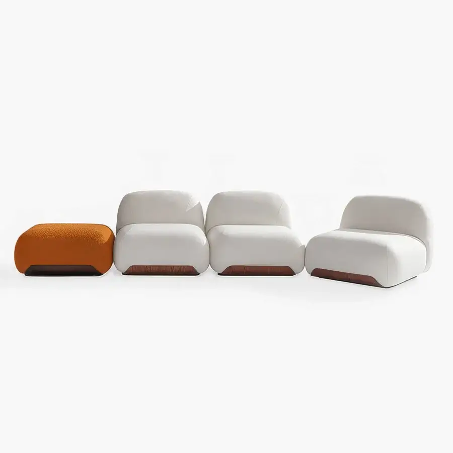 Exceptional Carpanese Home Bubble Sectional sofa built with off-white textile upholstery and a satin-finish curved wood base