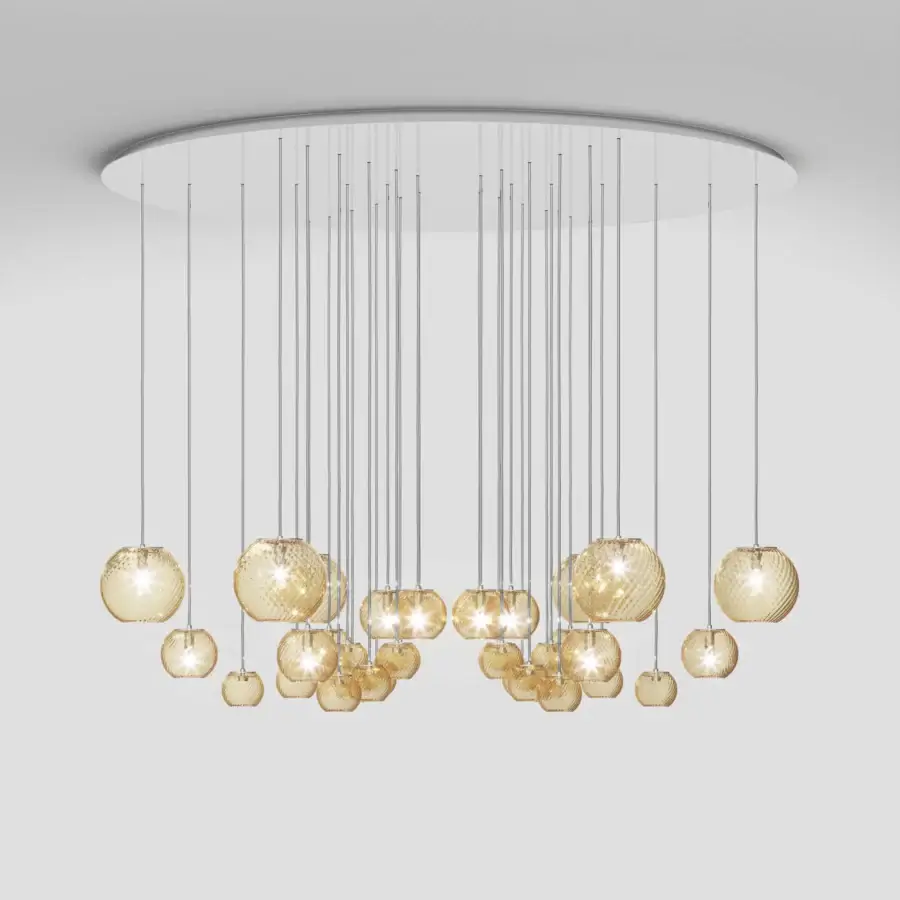 Captivating Vistosi Oto suspension lamp crafted in warm amber Murano glass with rigadin texture and satin metal components
