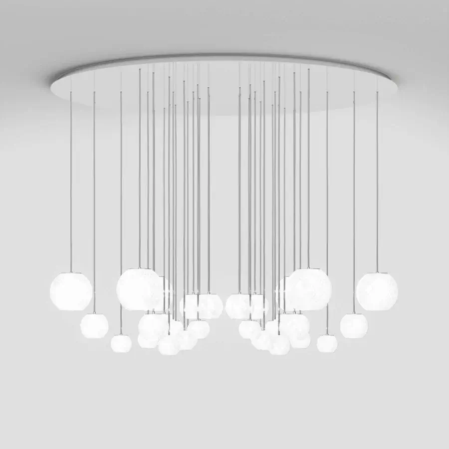 Distinguished Vistosi Oto suspension lamp crafted in white textured Murano glass with a light gray satin finish canopy