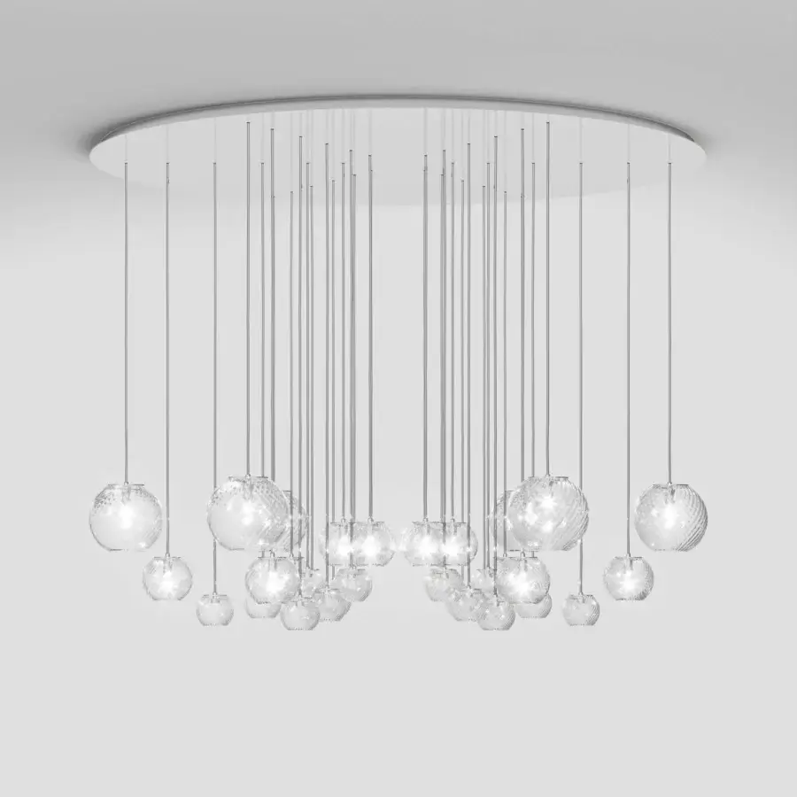 Exceptional Vistosi Oto suspension lamp crafted in clear textured Murano glass with a satin silver-grey canopy