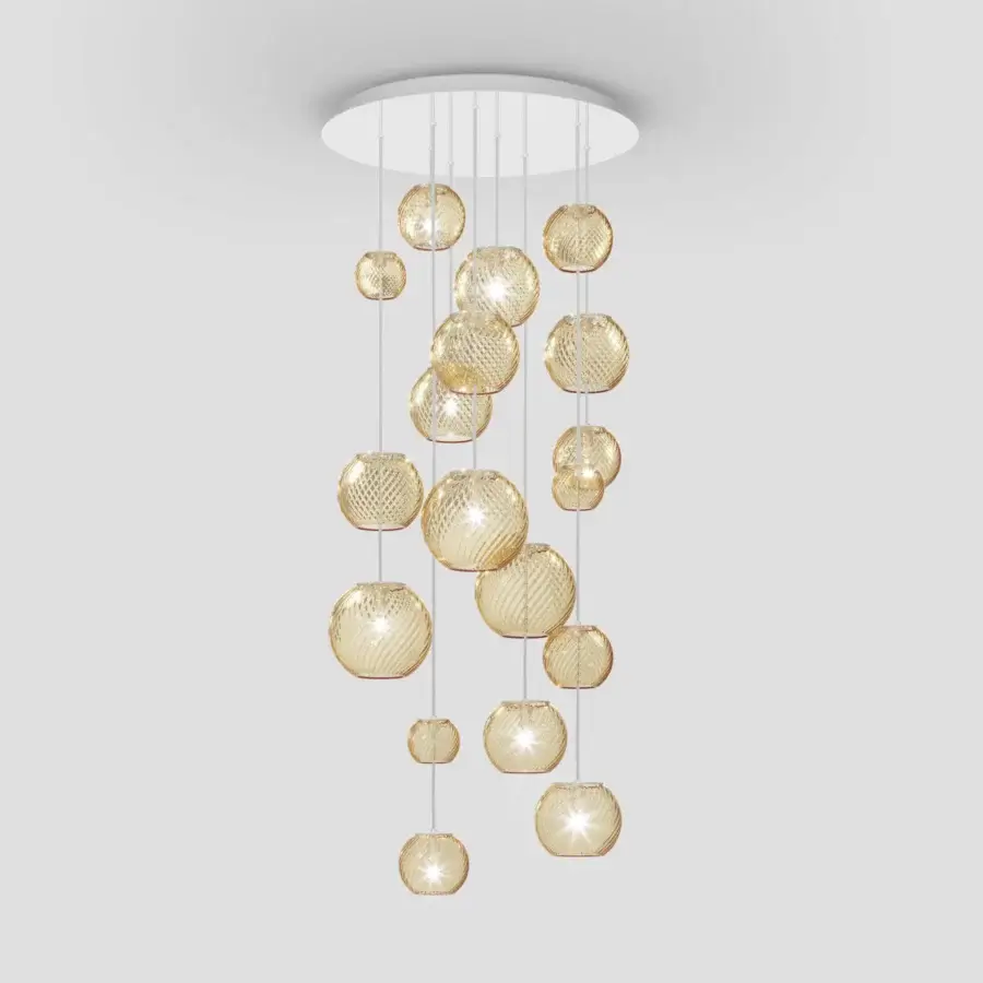 Superior Vistosi Oto suspension lamp crafted in gold-toned metal with cascading textured Murano glass spheres