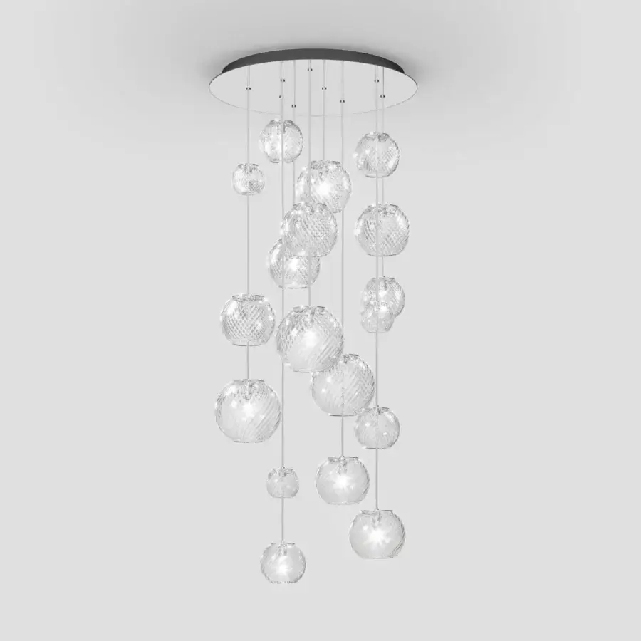 Elegant Vistosi Oto suspension lamp crafted in clear Murano glass with rigadin texture and matte black metal canopy