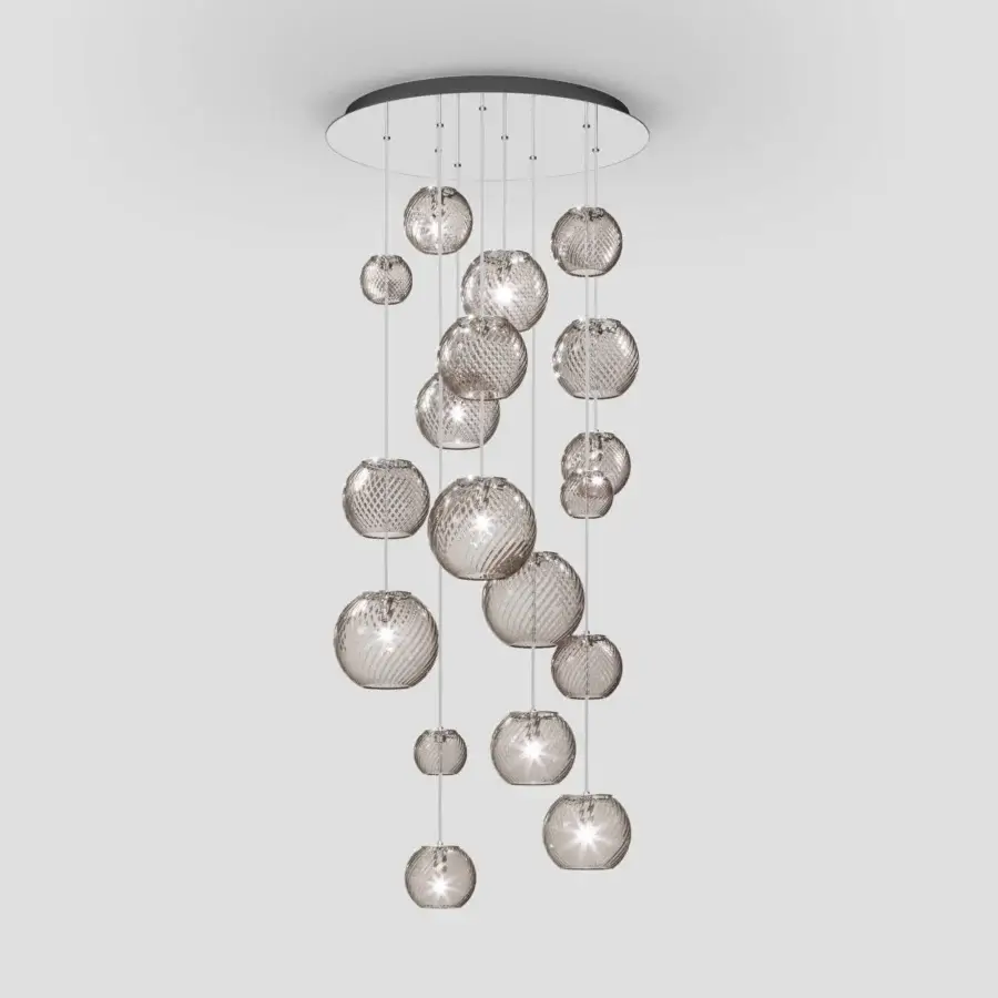 Distinguished Vistosi Oto suspension lamp crafted in muted gray-brown tinted Murano glass with rigadin texture and matte black metal