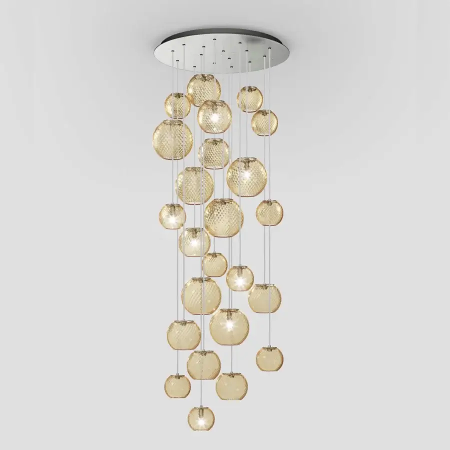 Exceptional Vistosi Oto suspension lamp crafted in warm amber toned Murano glass with rigadin texture and brushed metal canopy