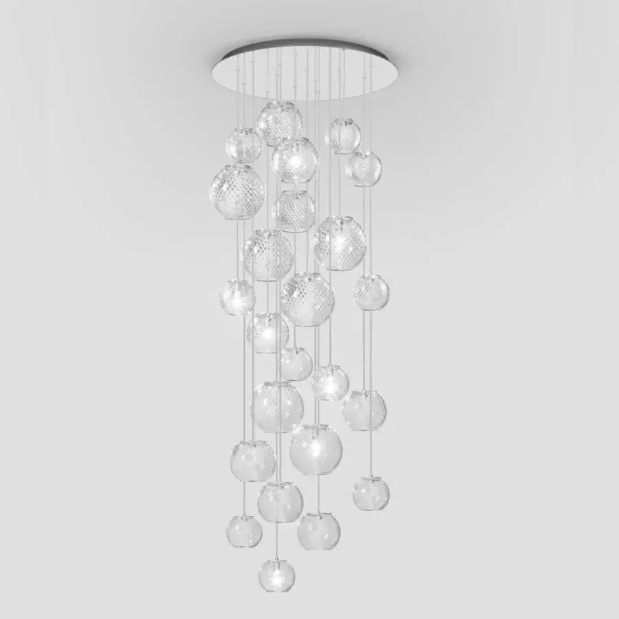 Superior Vistosi Oto suspension lamp crafted in clear Murano glass with a subtly textured, ridged surface and neutral toned metal canopy
