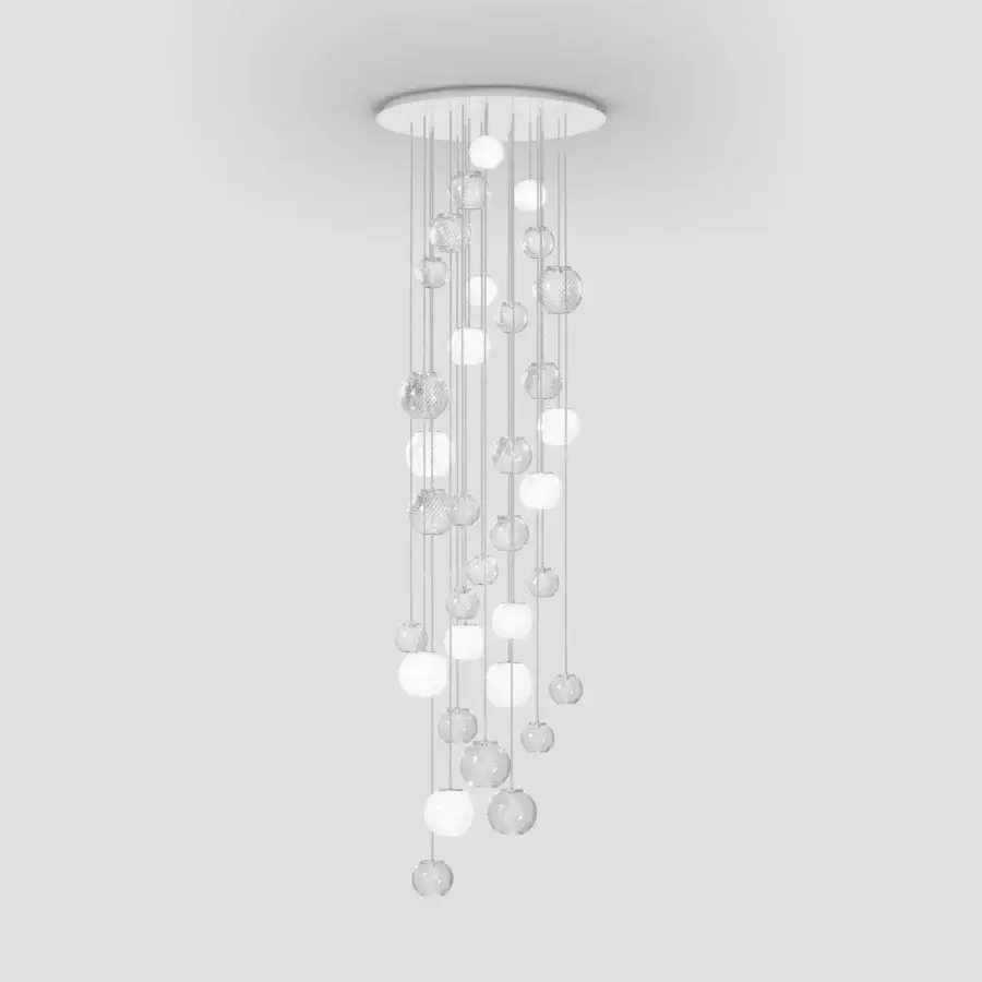 Superior Vistosi Oto suspension lamp crafted in neutral white Murano glass with rigadin texture and satin metal finish