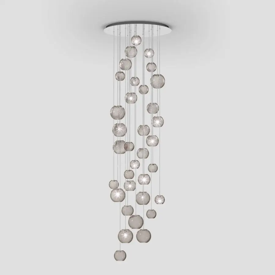 Elegant Vistosi Oto suspension lamp crafted in subtly smoky grey Murano glass with satin metal finish