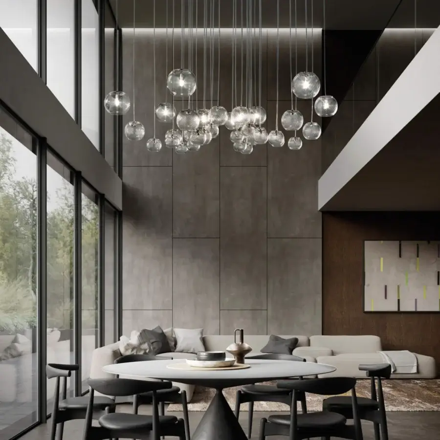 Superior Vistosi Oto suspension lamp crafted in clear Murano glass with a dark-toned metal structure