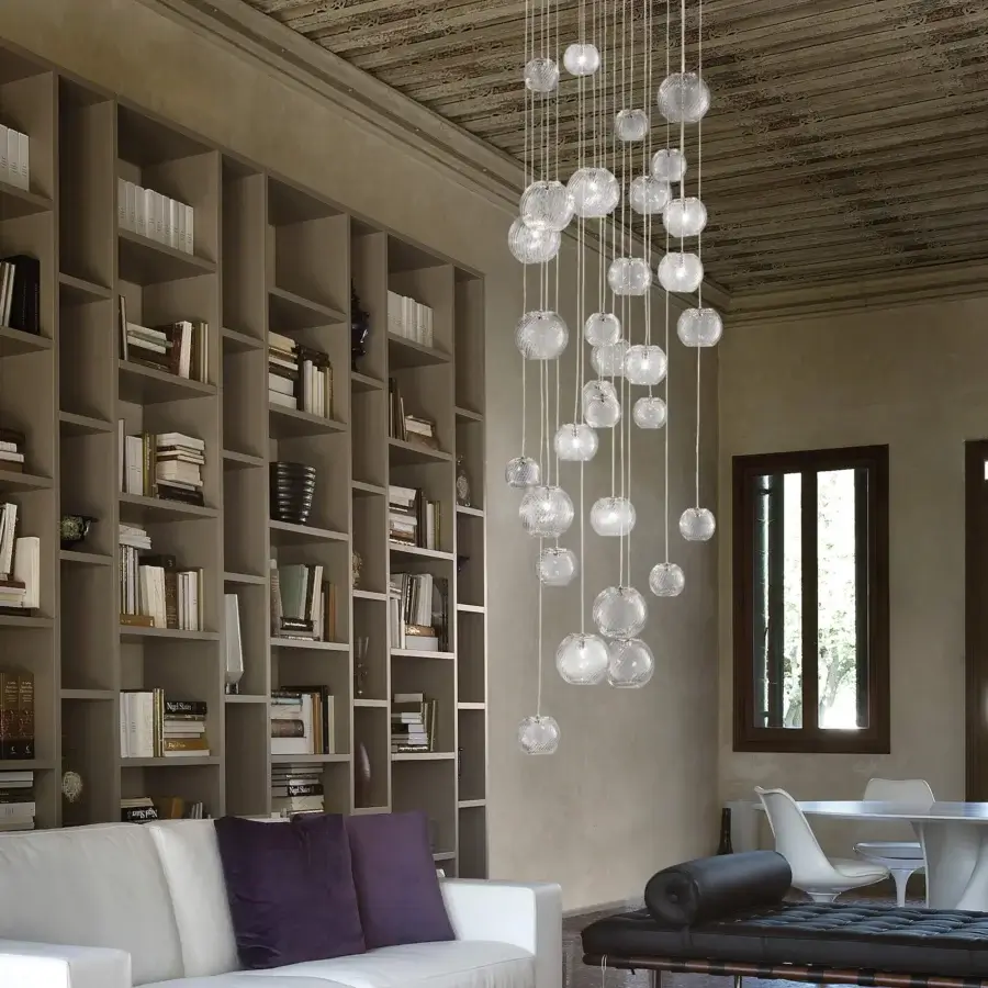 Distinguished Vistosi Oto suspension lamp crafted in clear ridged Murano glass with delicate metal cables