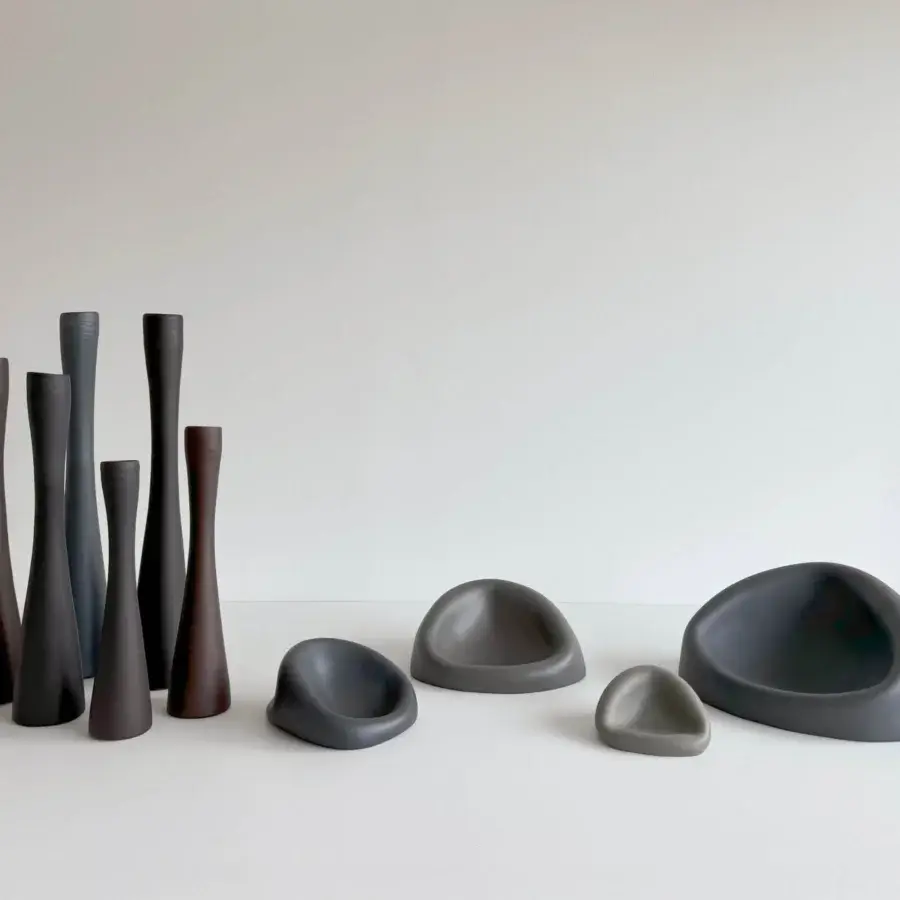 Exceptional Rina Menardi Clio centerpiece crafted in baked clay with smooth matte finish and flowing organic forms