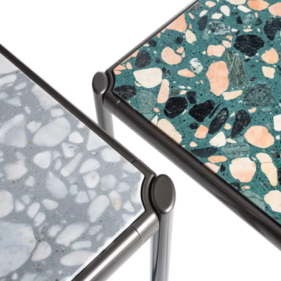 Elegant Giorgetti Aldìa side table with teal Palladiana marble and dark grey painted metal frame with satin finish
