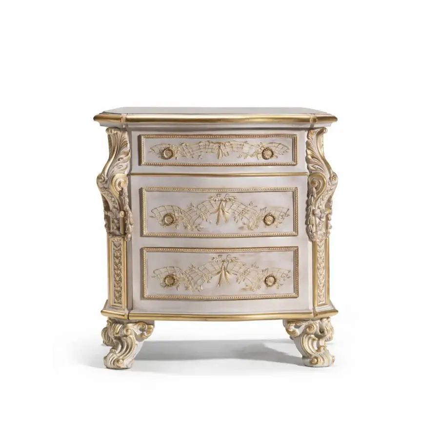 Distinguished Armando Rho A1332 nightstand crafted in oak wood with grey finish and ornate gold floral decorations with creamy white marble top