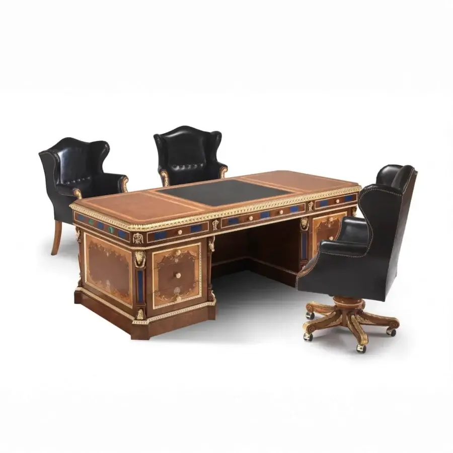Superior Armando Rho A1285 desk crafted in walnut Persian burl and yew wood with mother of pearl and exotic wood veneer inlays