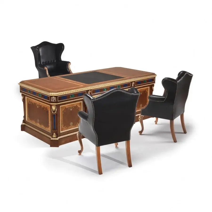 Lavish Armando Rho A1285 desk crafted in walnut Persian burl and yew wood with gold detailing and satin finish