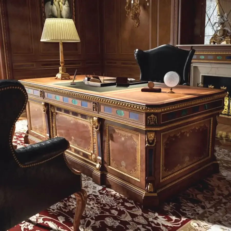 Exceptional Armando Rho A1285 desk crafted in walnut Persian burl and yew wood with mother of pearl and exotic wood veneer inlays and glossy reddish-brown finish