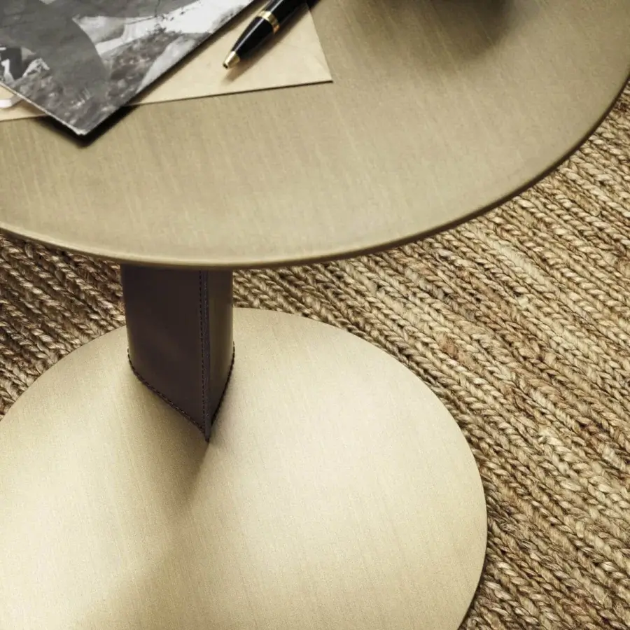 Exceptional Frag Bler side table crafted with steel and saddle leather, presenting a brushed finish and organic form