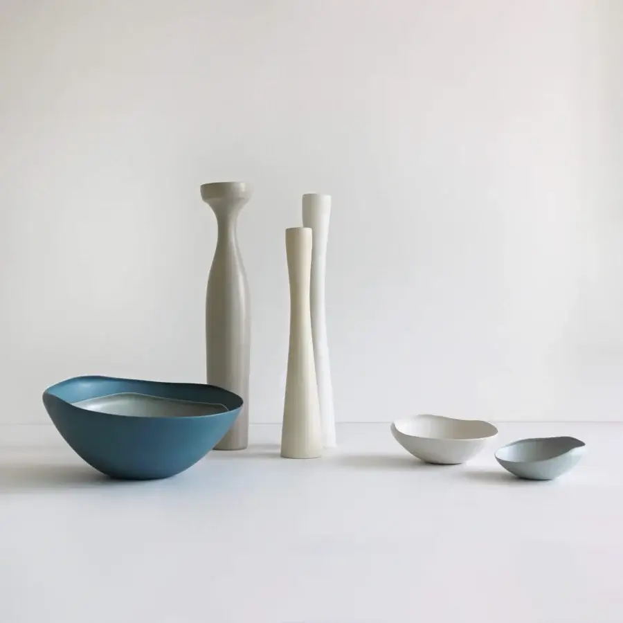 Superior Rina Menardi Conchiglie centerpiece crafted from baked clay in teal-blue, off-white and pale grey with a smooth matte finish