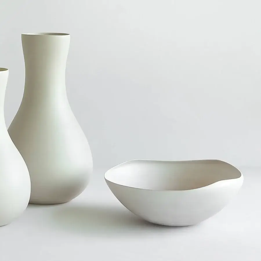 Exceptional Rina Menardi Conchiglie centerpiece crafted from baked clay in a pale grey-green hue with smooth matte surfaces
