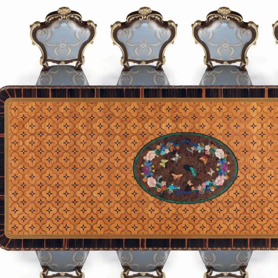 Superior Armando Rho A1199 table crafted in Italy with ebony, bois de rose, and walnut burl exhibiting ornate inlaid stones and polished surfaces