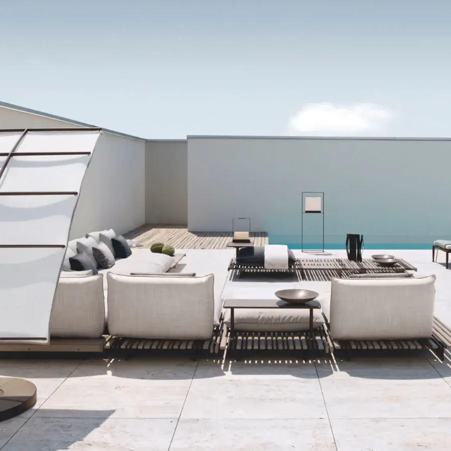 Exclusive Giorgetti Gea lounger with carob aluminum frame and neutral woven textile cushions offers refined outdoor comfort