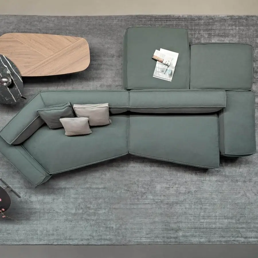 Distinguished Bonaldo Peanut B.X sectional upholstered in muted green-blue textile with matte finish and cylindrical anthracite grey feet