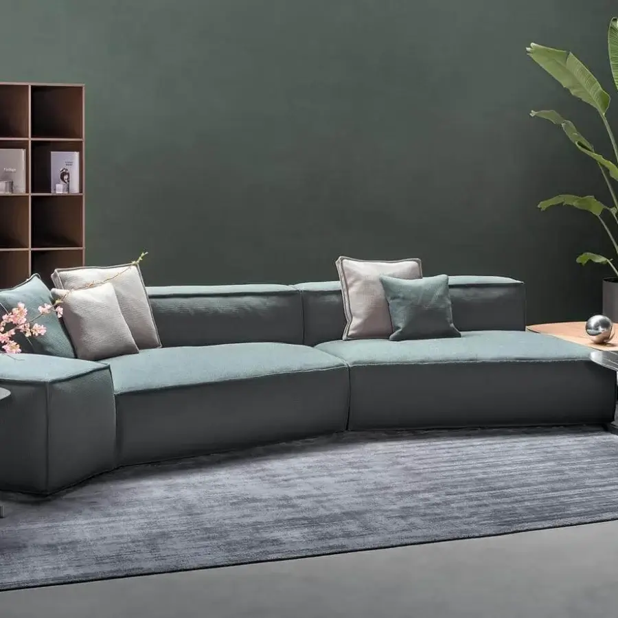 Exceptional Bonaldo Peanut B.X sectional upholstered in textured teal-gray textile with anthracite grey matt painted wood feet